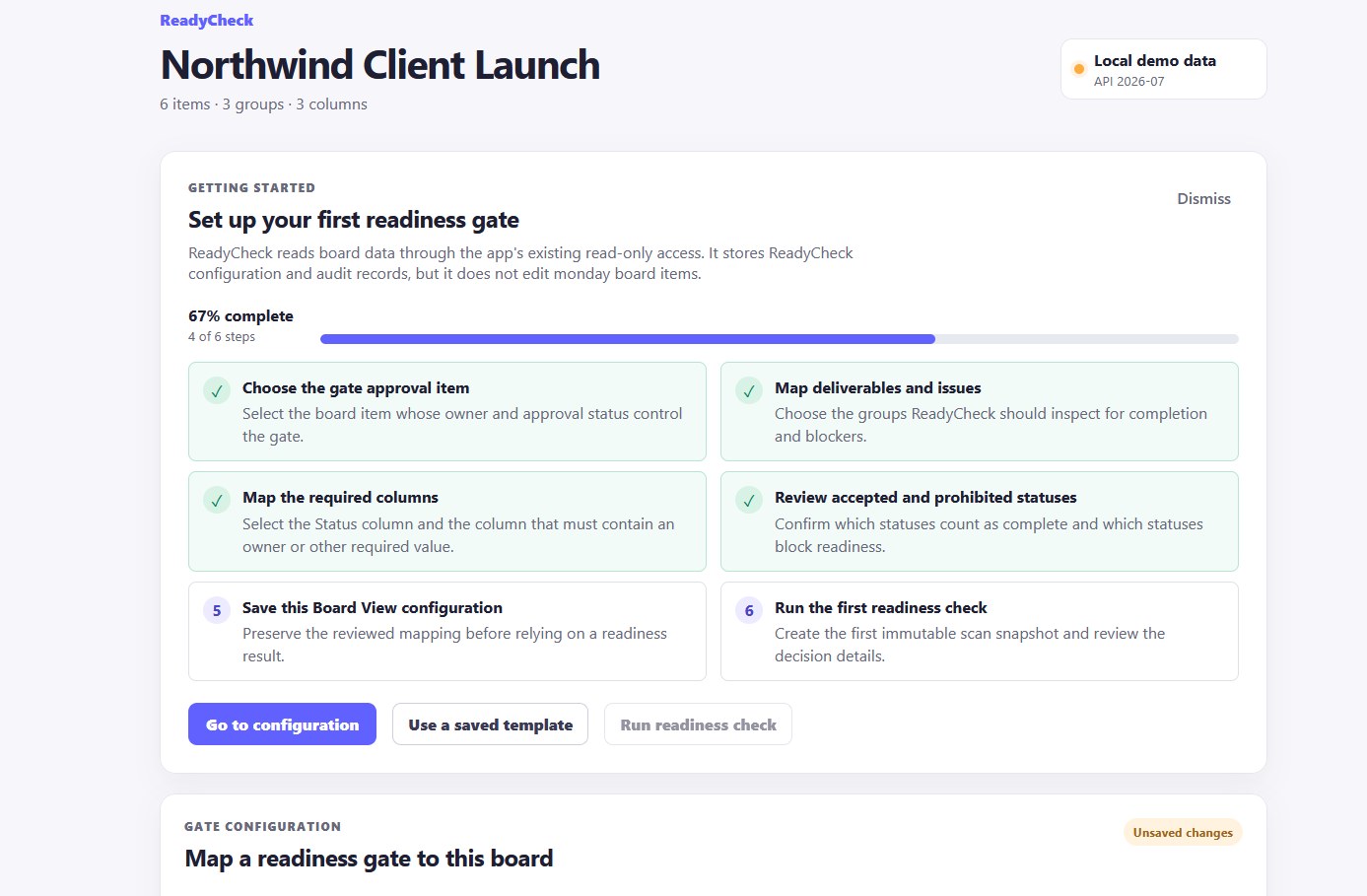 ReadyCheck setup guide showing completed and remaining readiness-gate steps